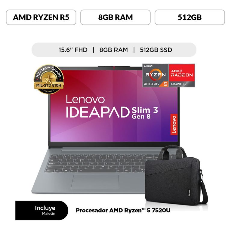 Laptop AMD Ryzen 5 8gb 512gb Ssd Ideapad Slim 3 Serie 7000 15.6" Fhd + Maletín