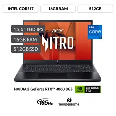 Laptop Gamer Intel Core I7 Rtx4060 16gb 512sd W11 165hz Nitro 15.6" 13° Va Gen
