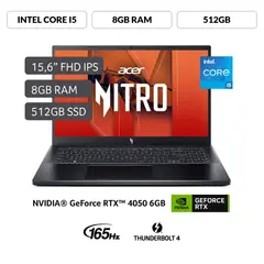 Laptop Gamer Intel Core I5 Rtx4050 8gb 512sd W11 165hz Nitro 15.6" 13° Va Gen