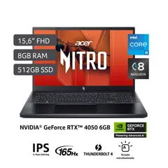 Laptop Gamer Intel Core I5 Rtx4050 8gb 512sd W11 165hz Nitro 15.6" 13° Va Gen