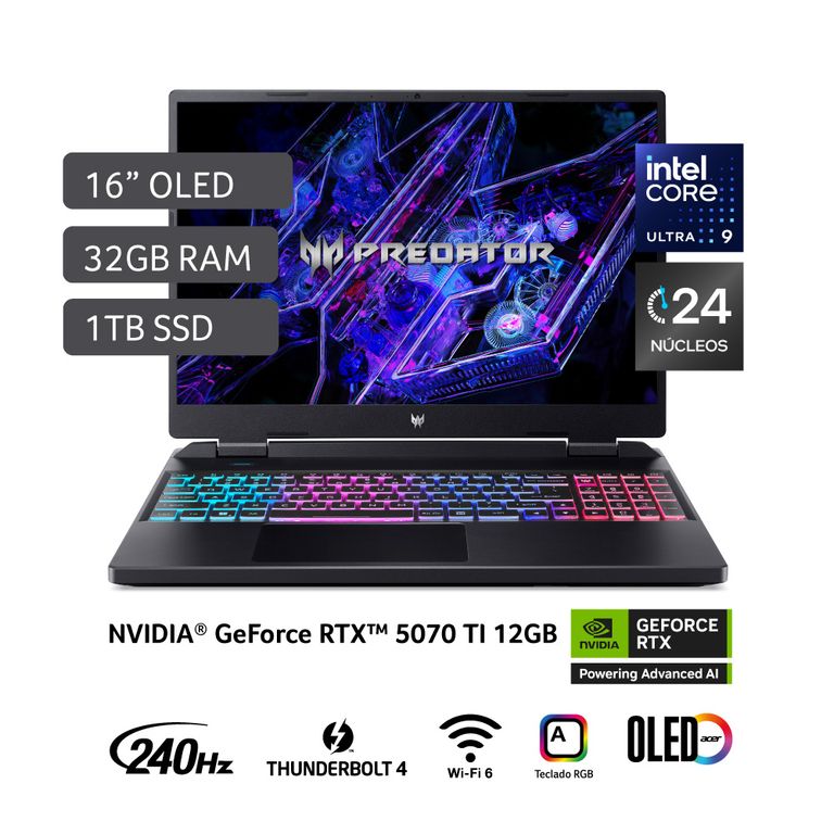 Laptop Gamer Predator Intel Core U9 275Hx  Rtx 5070 Ti 32 GB RAM 1 TB SSD 16" Wqxga (2560 X 1600) 240Hz Nvidia Geforce