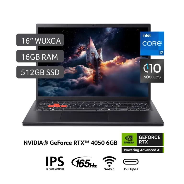 Laptop Gamer Nitro Lite  Intel Core I7-13620H  Rtx 4050  16 GB RAM 512 GB SSD 16" Wuxga (1920 X 1200) 165Hz Nvidia Geforce