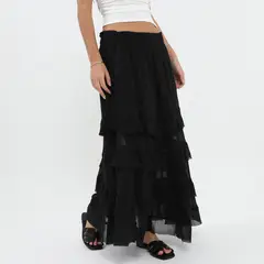 DENIMLAB - FALDA LARGA CON VUELOS BLACK L