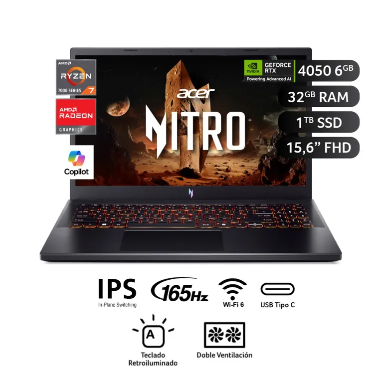 Laptop Gamer Nitro V AMD Ryzen 7-7445HS 32GB 1TB 15.6 165Hz FHD NVIDIA GeForce RTX 4050