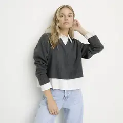 SYBILLA - Polera Crop Menti Sartorial Dark Grey Pinstripes M