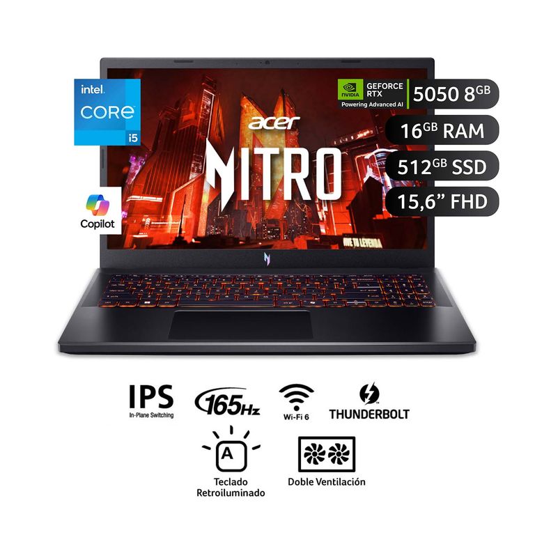 Laptop Gamer Nitro V  Intel Core I5-13420H  Rtx 5050 16 GB RAM 512 GB SSD 15.6" Fhd (1920 X 1080) 165Hz Nvidia Geforce