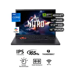 ACER - Laptop Gamer Nitro Lite Intel Core i7-13620H 16GB 512 GB 16 165Hz WUXGA NVIDIA GeForce RTX 4050