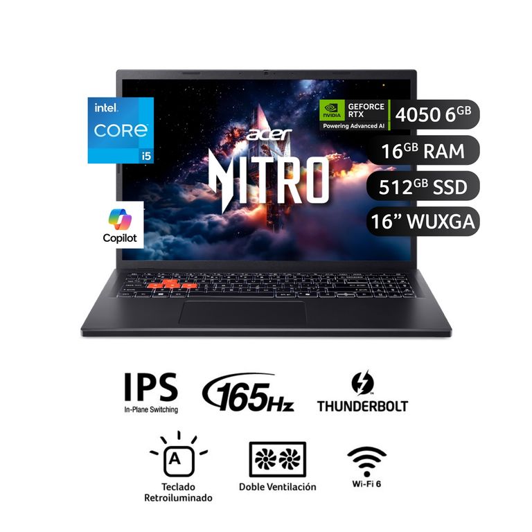 Laptop Gamer Nitro Lite Intel Core I5-13420H RTX 4050 16 GB RAM 512 GB SSD 16" Wuxga 165Hz Nvidia Geforce