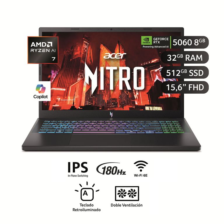 Laptop Gamer Nitro V AMD Ryzen 7-170 32GB 32GB 15.6" 180Hz FHD NVIDIA GeForce RTX 5060