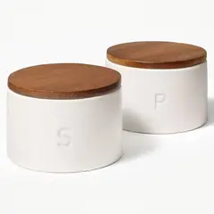 FIGMINT - Set Salero y Pimentero Cerámica Gres con Tapa de Madera