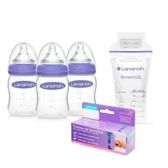 LANSINOH - Pack Biberon 5oz 3 Unid + Bolsas De Almacenamiento X200 Unid + Lanolina 40 Gr