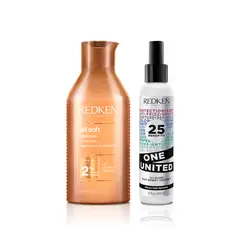 REDKEN - Shampoo All Soft 300 Ml Para Cabello Seco + Tratamiento Multibeneficios One United 150 Ml