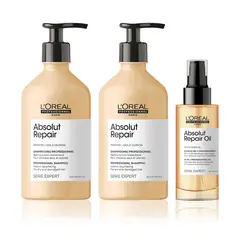 LOREAL PROFESSIONNEL - Set Absolut Repair Para Cabello Dañado: 2x Shampoo 500 Ml + Aceite 90 Ml