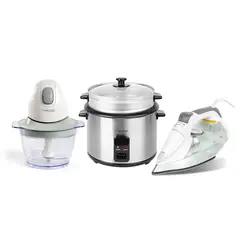 RECCO - Combo: Plancha a Vapor Blanco + Picador Eléctrico 500 ml Blanco + Olla Arrocera con Vaporera 1,8 lt