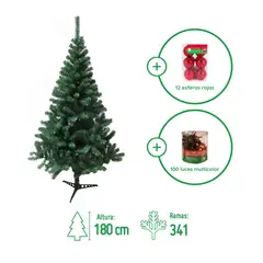 DEAR SANTA - Árbol de Navidad 180cm 341 Ramas Canadiense Verde + Juego de 100 Mini Luces Colores 8 Funciones Navidad + Set 12 Esferas Brillo Roja Navidad 6cm.