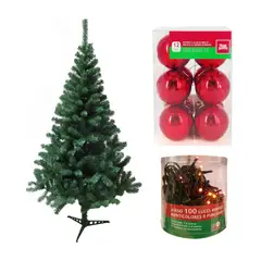 DEAR SANTA - Árbol de Navidad 180cm 341 Ramas Canadiense Verde + Juego de 100 Mini Luces Colores 8 Funciones Navidad + Set 12 Esferas Brillo Roja Navidad 6cm.