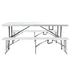 JUST HOME COLLECTION - Mesa Plegable Blanca Tipo Maleta 180cm + Banqueta plegable 180 x 28 cm Blanco