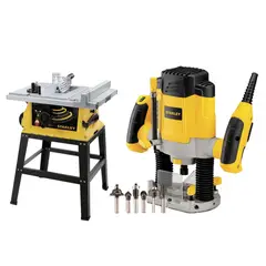 STANLEY - Fresadora Ruteadora Eléctrica 1200 W + 6 Fresas SRR1200 + Sierra de Banco EléctricaStanley 10" 1800 W SST1801