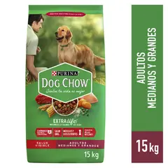 DOG CHOW - Adultos 15kg de Pollo, camote, maíz, arroz raza mediana/grande