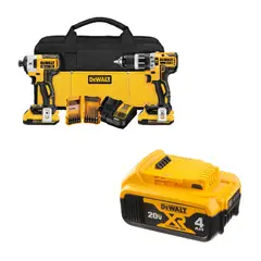 DEWALT - Taladro Percutor Inalámbrico 1/2" 20V + Atornillador de Impacto Inalámbrico 1/4" 20V + 2 Baterías 2.0Ah + Cargador 12/20V + Set de 18 Piezas + Bolso DCK287D2 + Batería 4.0Ah 20V Max DCB204