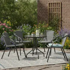 JUST HOME COLLECTION - Mesa de Terraza Metal con Vidrio Redonda Negro 80 CM + Silla para Terraza Ratan Gris Oscuro 73x54x61 cm