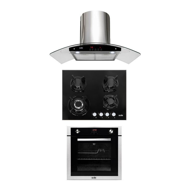 Tricombo Encimera Empotrable A Gas 4 Hornillas SOLCO034 + Campana Decorativa 90cm TURE63CO + Horno Empotrable A Gas 70L SOLHO007