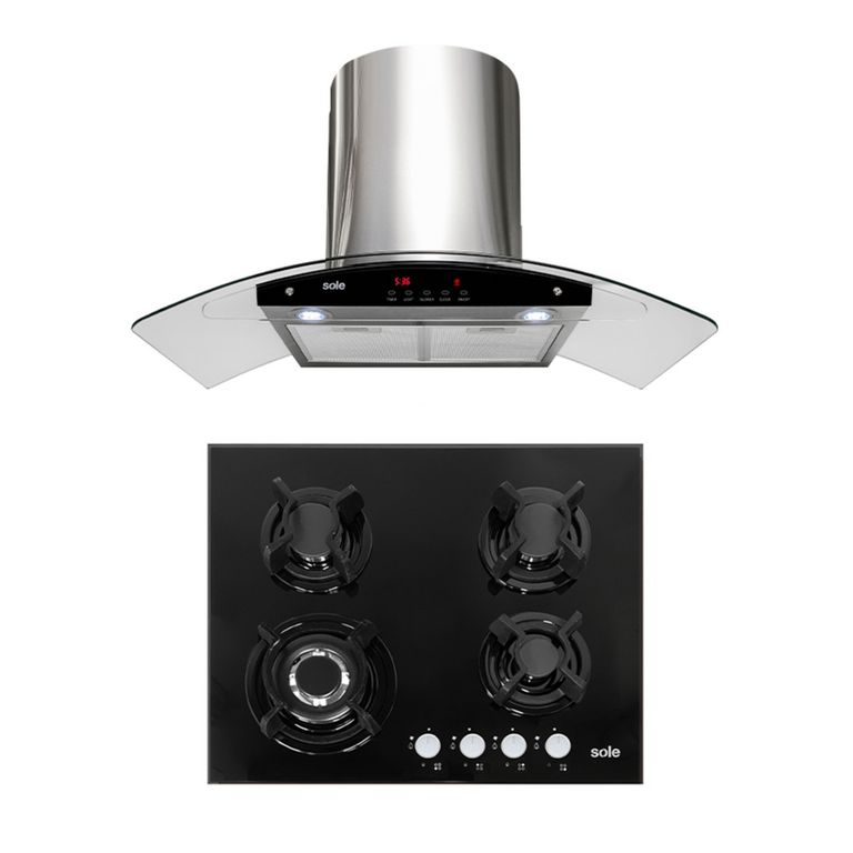 Combo Encimera Empotrable A Gas 4 Hornillas SOLCO034 + Campana Decorativa 90cm TURE63CO