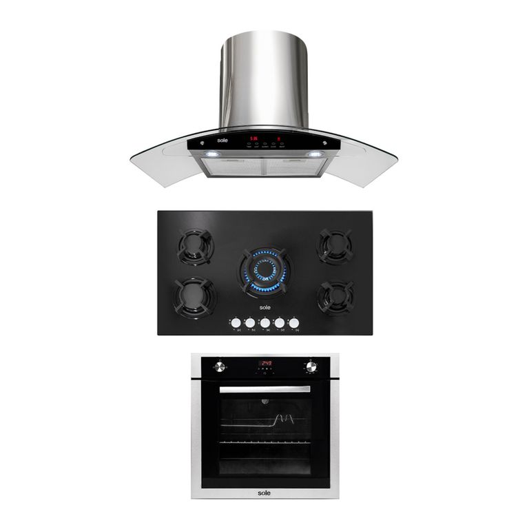 Cocina Empotrable 5 Hornillas + Campana Decorativa 90cm + Horno a Gas Empotrable 70L