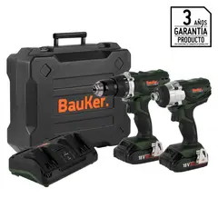 BAUKER - Taladro Percutor 1/2"+ Atornillador de Impacto Bauker1/4" Inalámbrico Bauker18V + 2 baterías + Cargador + Maletín
