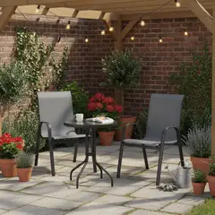 JUST HOME COLLECTION - Juego de balcón mesa de terraza metal con vidrio   60 CM + 2 sillas de metal sling gris