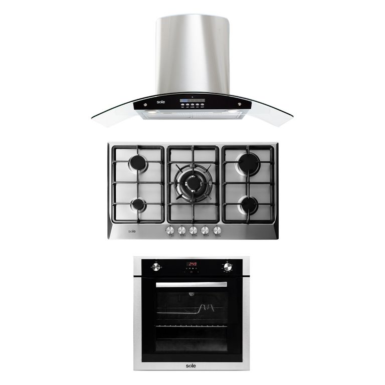 Tricombo Cocina Empotrable 5 Hornillas SOLCO038 + Campana Decorativa 90cm TURE63CO + Horno a Gas 70 Lt SOLHO007