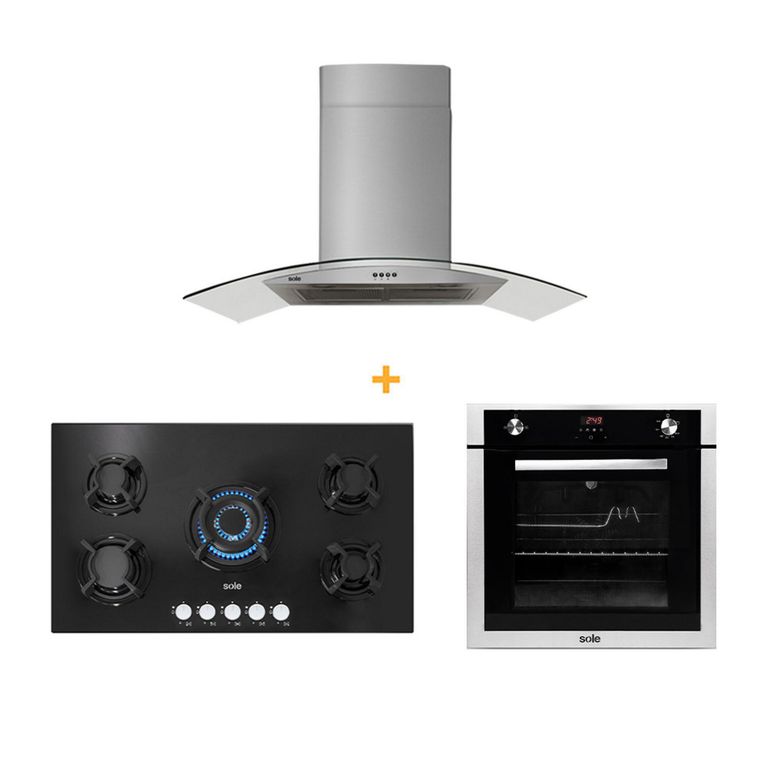 Tricombo Cocina Empotrable 5 Hornillas SOLCO033 + Campana Decorativa 90cm TURE66CO + Horno a Gas 70 Lt SOLHO007