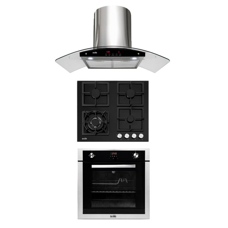 Tricombo Encime Empotrable 4 A Gas Hornillas SOLCO040 + Campana Decorativa 90cm TURE63CO + Horno Empotrable A Gas 70L SOLHO007