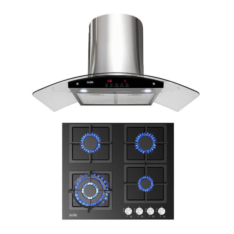 Combo Encimera Empotrable A Gas 4 Hornillas SOLCO040 + Campana Decorativa 90cm TURE63CO