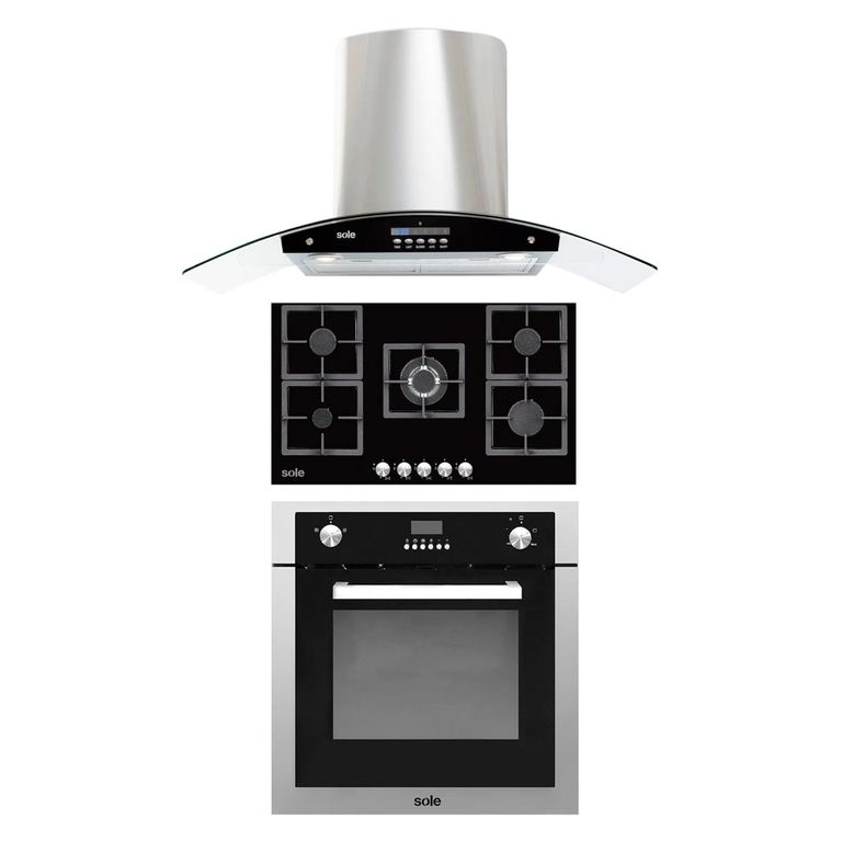 Tricombo Encimera Empotrable 5 Hornillas A Gas SOLCO041 + Campana Decorativa 90cm TURE63CO + Horno Empotrable A Gas 70L SOLHO007