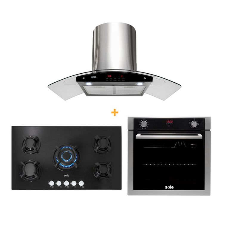 Tricombo Encimera Empotrable A Gas 5 Hornillas SOLCO033 + Campana Decorativa 90cm TURE63CO + Horno Empotrable Eléctrico 73L SOLHO012