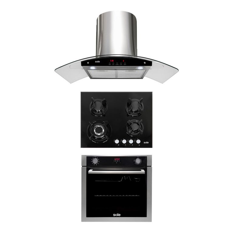 Tricombo Encimera Empotrable A Gas 4 Hornillas SOLCO034 + Campana Decorativa 90cm TURE63CO + Horno Empotrable Eléctrico 73L SOLHO012