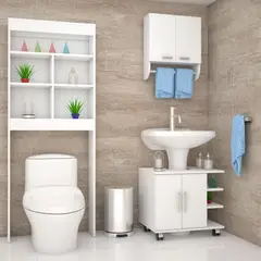 TUHOME - Combo Mueble de Baño Organizador Lavamanos + Botiquin Blanco + Organizador sobre Inodoro