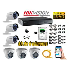 HIKVISION - Kit 6 Cámaras de Seguridad Full HD 1080p Disco 1TB Vigilancia + Kit de Herramientas Gratis