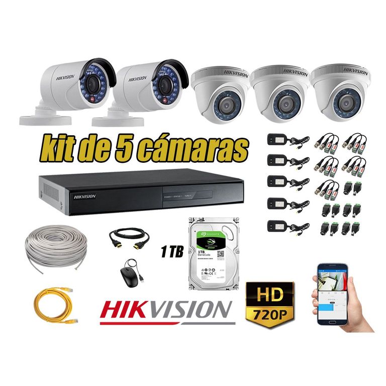 Kit 5 Cámaras de Seguridad HD 720p Disco 1TB Vigilancia + Kit de herramientas