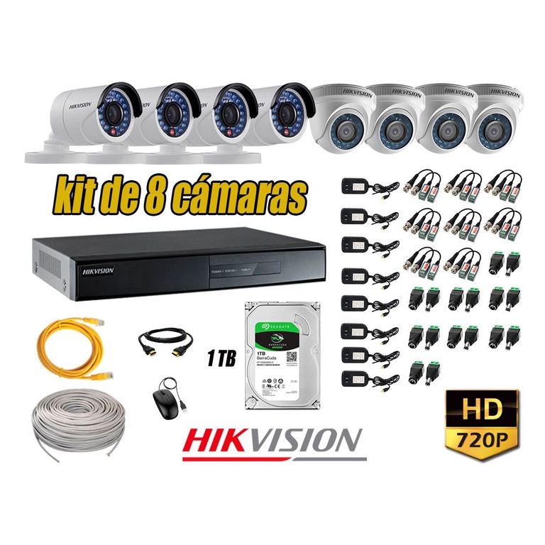 Kit 8 Cámaras de Seguridad HD 720p + Disco 1TB Vigilancia + Kit de Herramientas