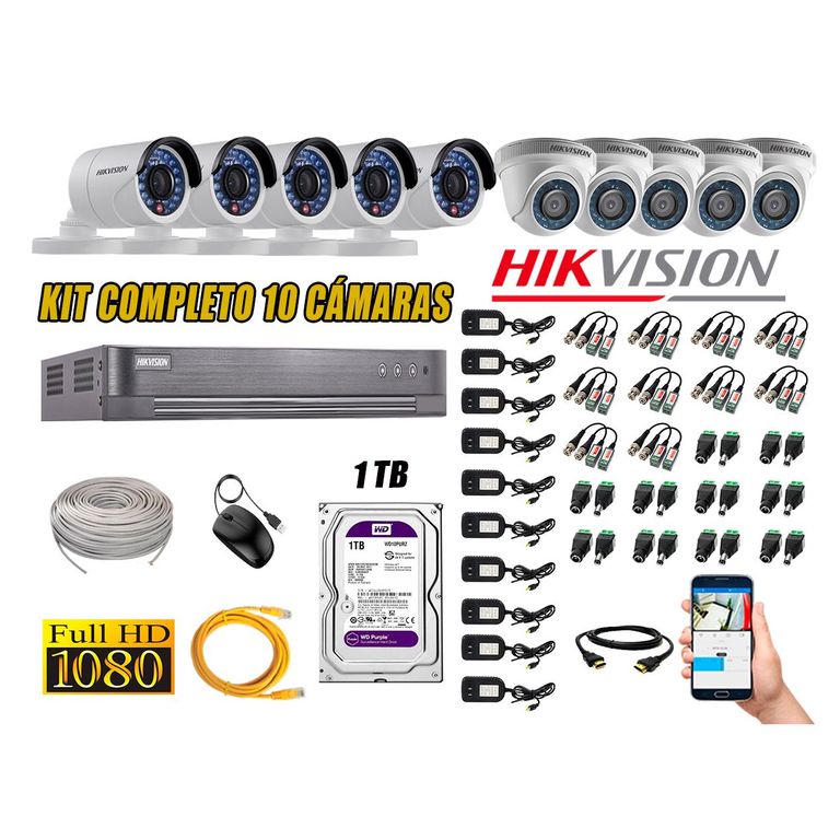 Kit 10 Cámaras de Seguridad FULL HD 1080p DISCO 1TB Vigilancia + Kit de Herramientas Gratis