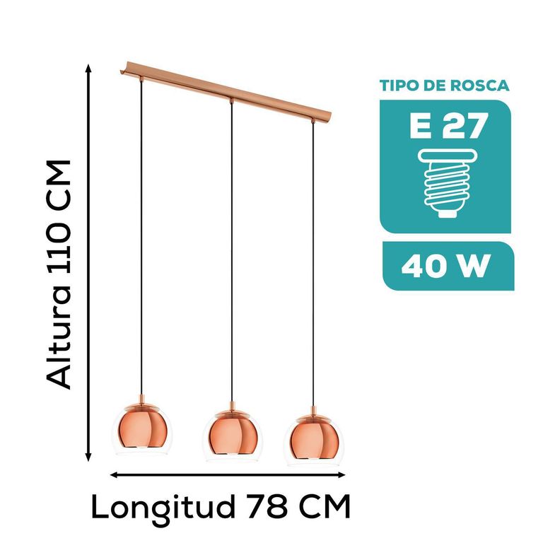 Lámpara Colgante Rocamar Cobre E27 3x40w