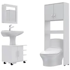 TUHOME - Combo Mueble de Baño Organizador Lavamanos + Botiquin Blanco + Organizador sobre Inodoro
