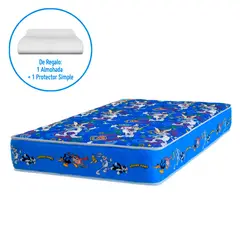 FORLI - Colchón Looney Tunes 1.5 Plazas Azul + Almohada Silicona + Protector