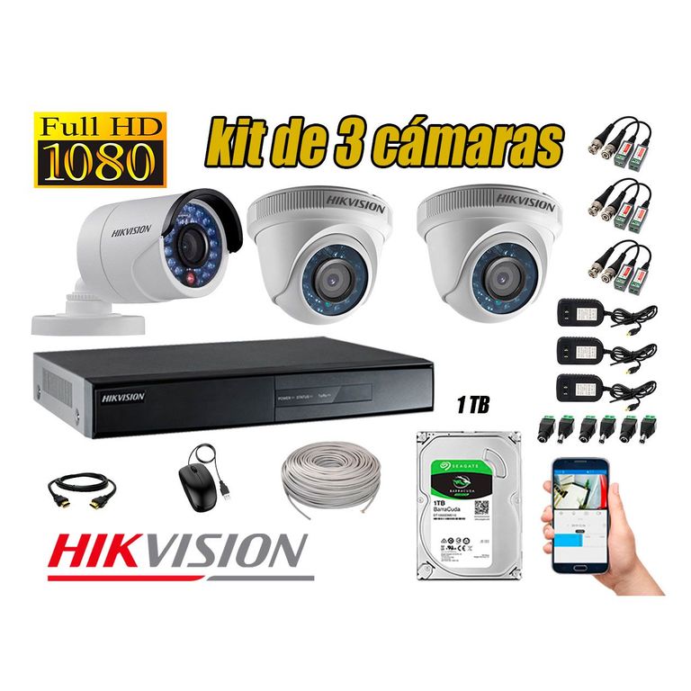 Kit 3 Cámaras de Seguridad FullHD 1080p Disco 1TB Vigilancia + Kit Herramientas