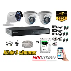 HIKVISION - Kit 3 Cámaras de Seguridad HD 720p Disco 1TB Vigilancia + Kit de Herramientas