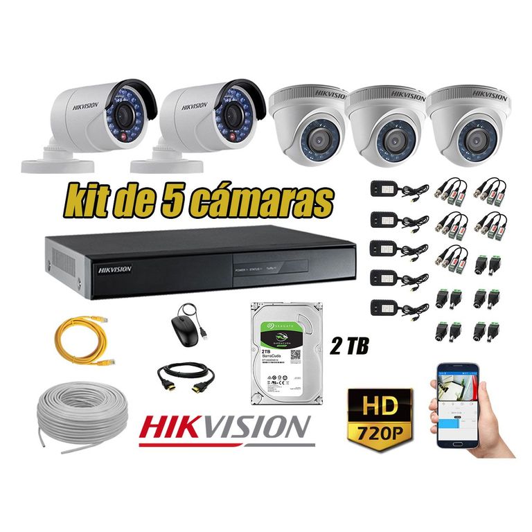 Kit 5 Cámaras de Seguridad HD 720p Disco 2TB Vigilancia + Kit de Herramientas