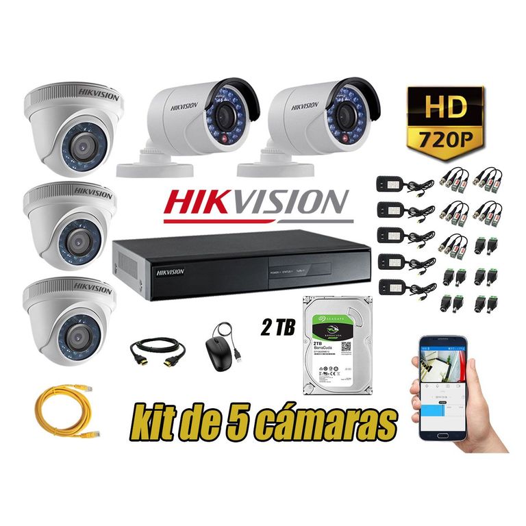 Kit 5 Cámaras de Seguridad HD 720p 2TB Vigilancia + Kit de Herramientas Gratis