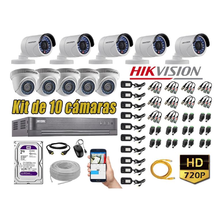 Kit 10 Cámaras de Seguridad HD 720p Disco 2TB Vigilancia + Kit de Herramientas